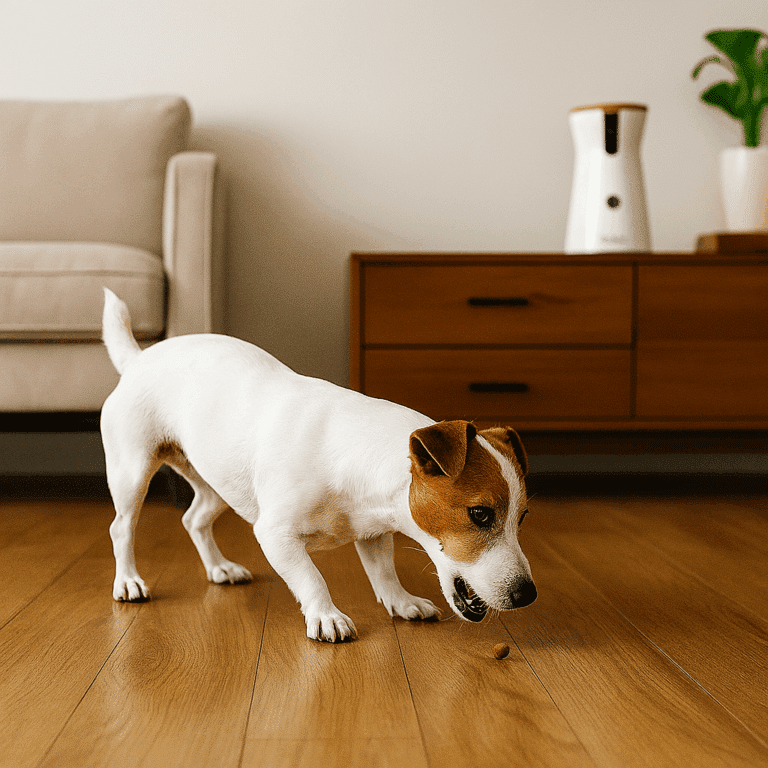 chien qui mange une croquette lancée par une caméra intéractive